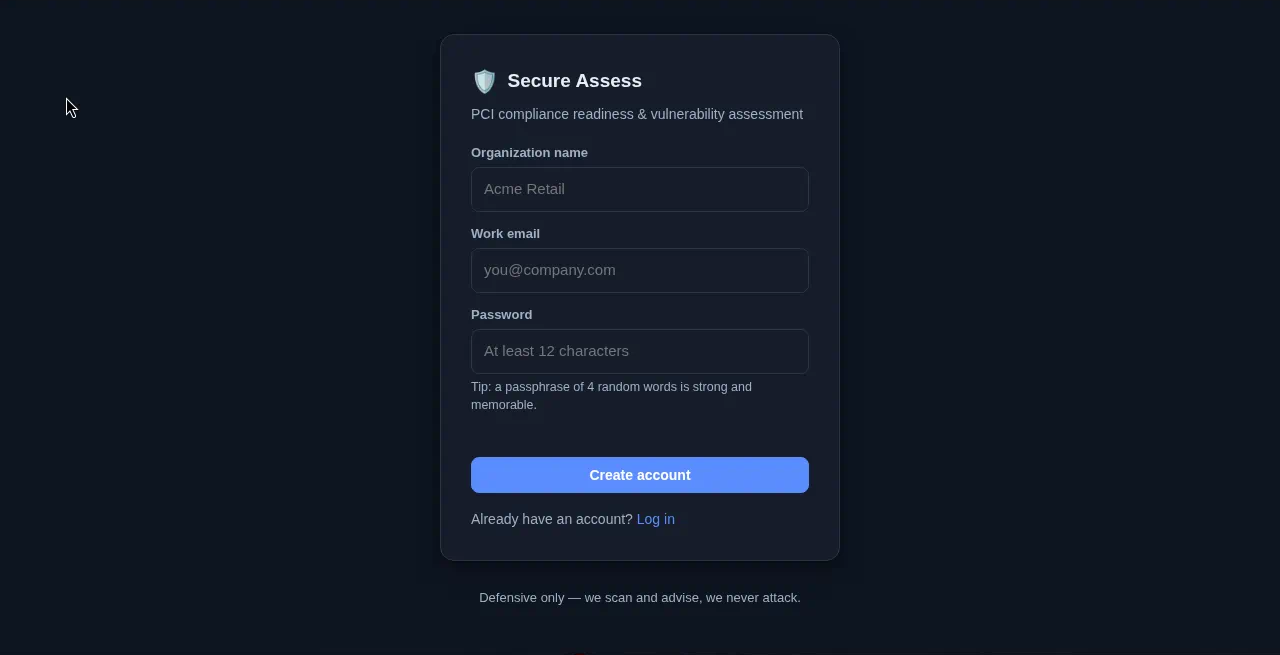 Secure Assess create account